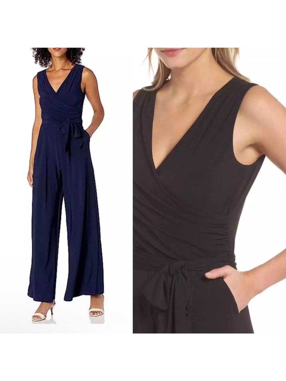 Eliza J Sleeveless Tie Faux Wrap Wide Leg Jumpsuit Navy Career Occasion Sz M NWT